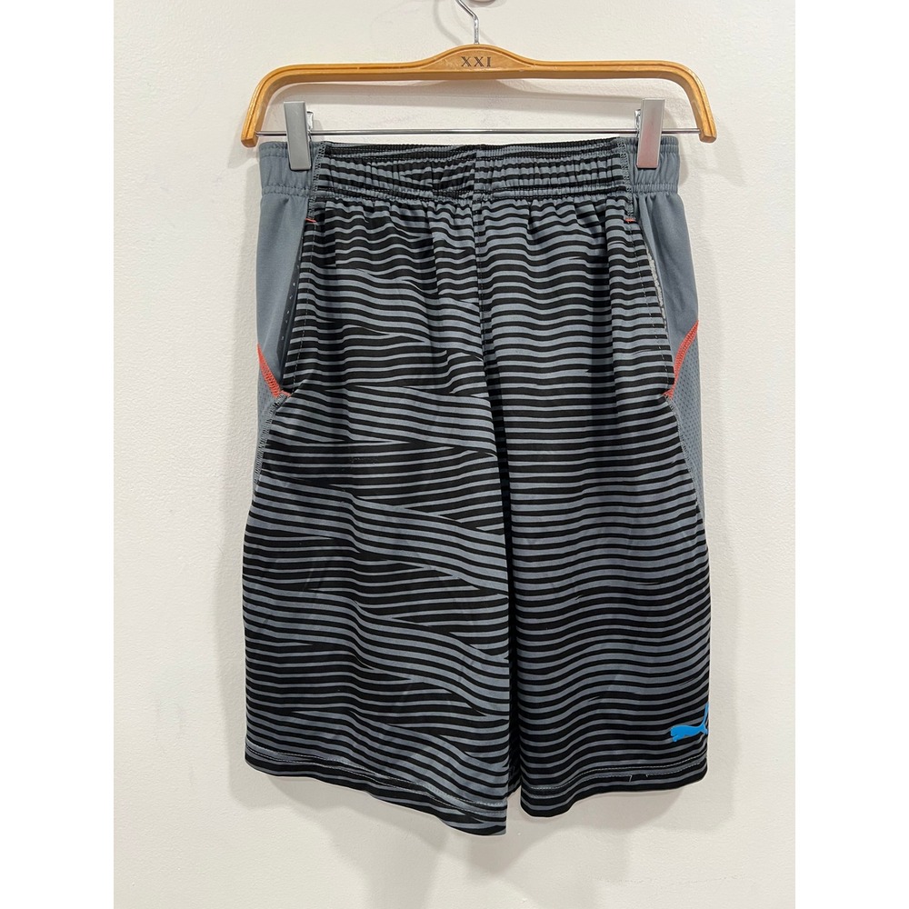 Puma Boys XL 18-20 Gray Black Striped Athletic Basketball Shorts Running Gym